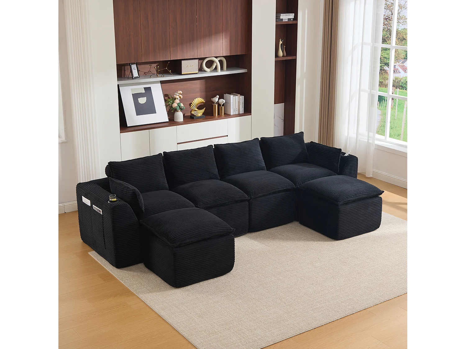 Sofá modular de 4 plazas con 2 pufs, cojines, portavasos y bolsillos laterales, en pana negro