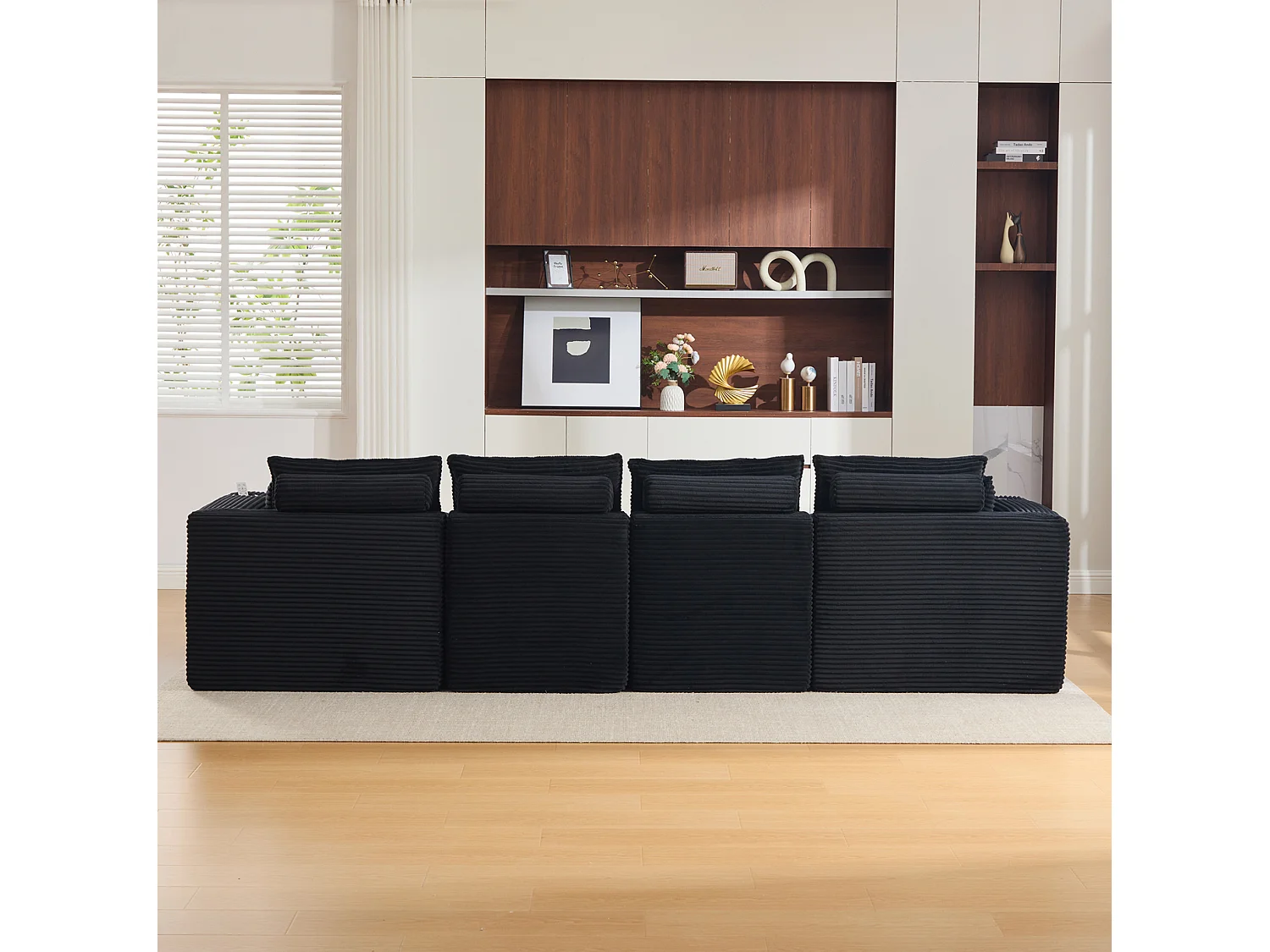 Sofá modular de 4 plazas con 2 pufs, cojines, portavasos y bolsillos laterales, en pana negro