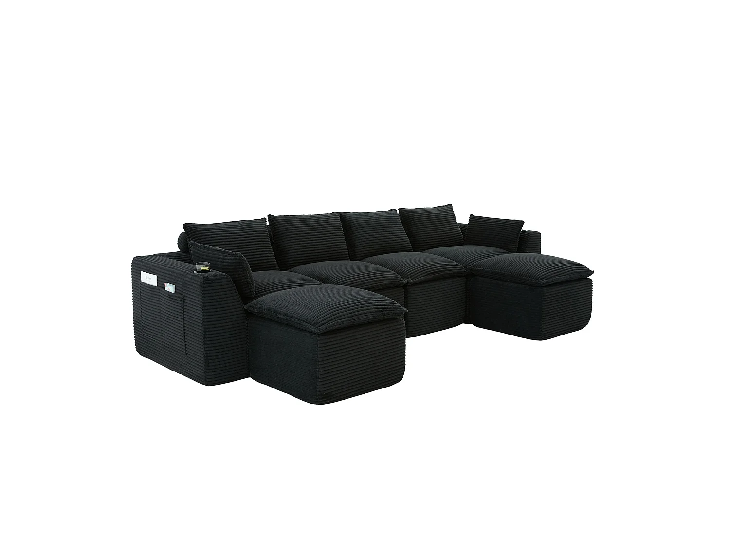 Sofá modular de 4 plazas con 2 pufs, cojines, portavasos y bolsillos laterales, en pana negro