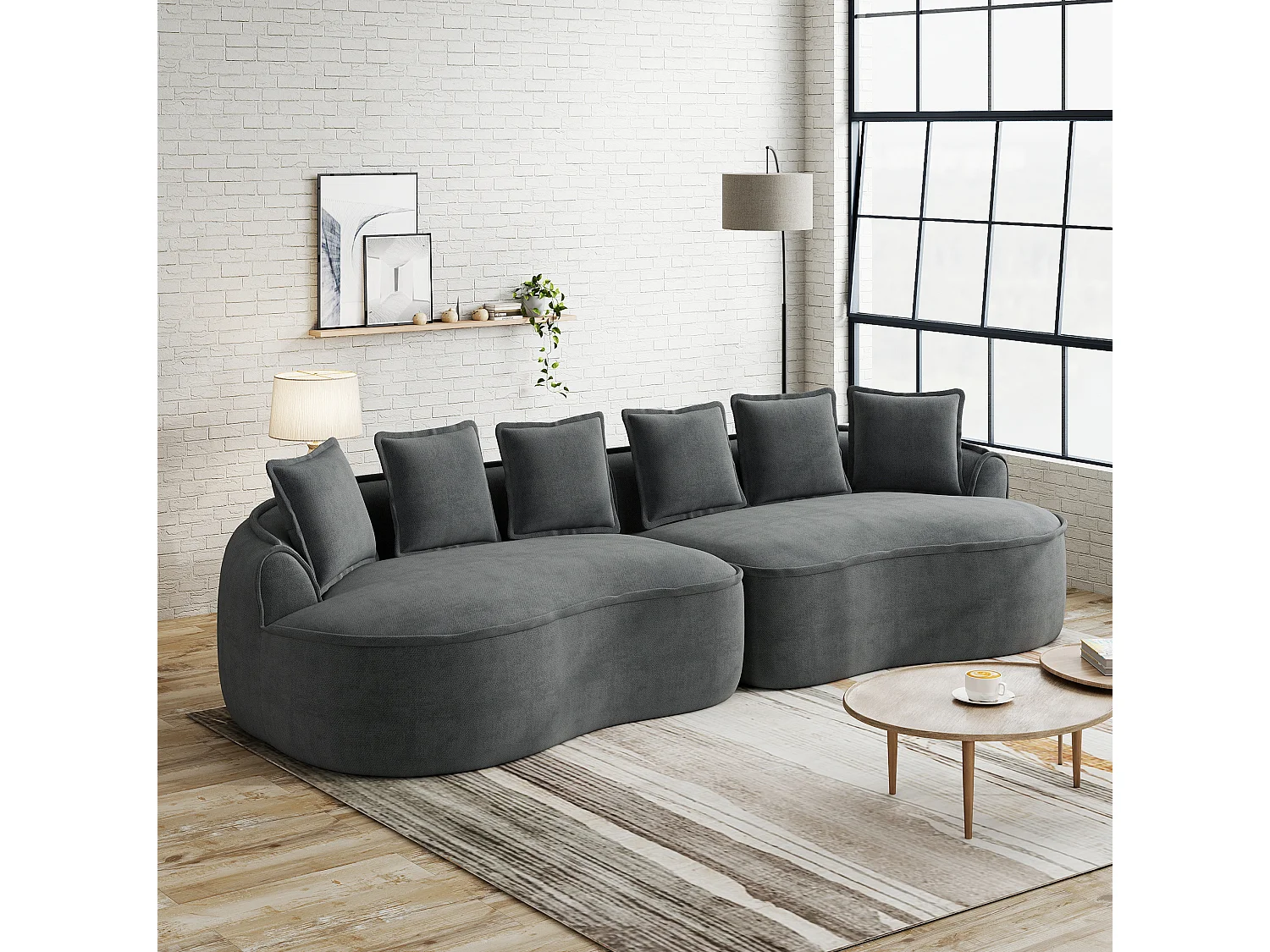 Canapé modulable 4 places avec coussins de dossier, sans montage, en chenille, gris, 320x114x67 cm
