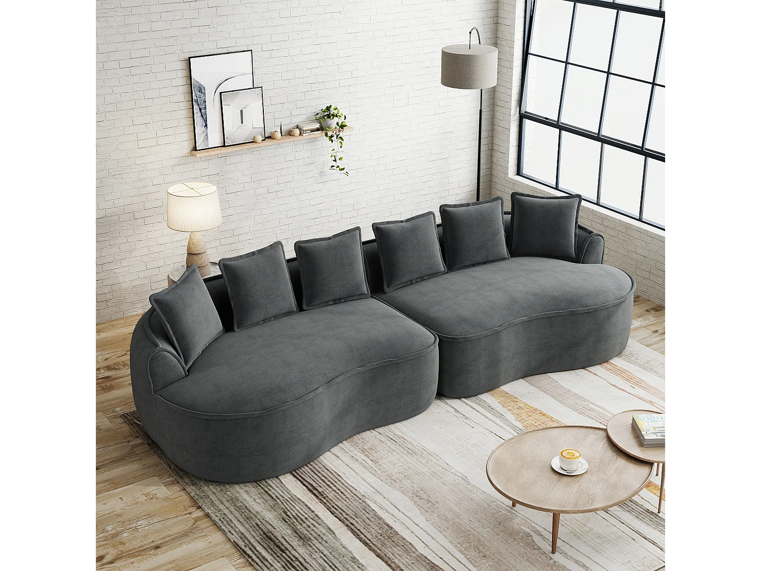 Canapé modulable 4 places avec coussins de dossier, sans montage, en chenille, gris, 320x114x67 cm