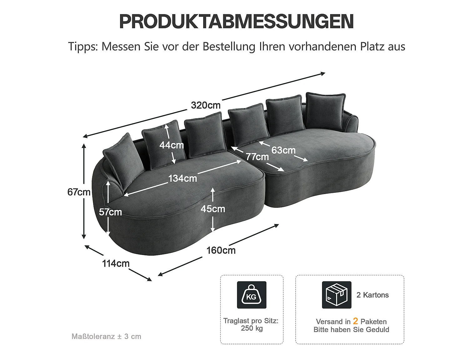Canapé modulable 4 places avec coussins de dossier, sans montage, en chenille, gris, 320x114x67 cm