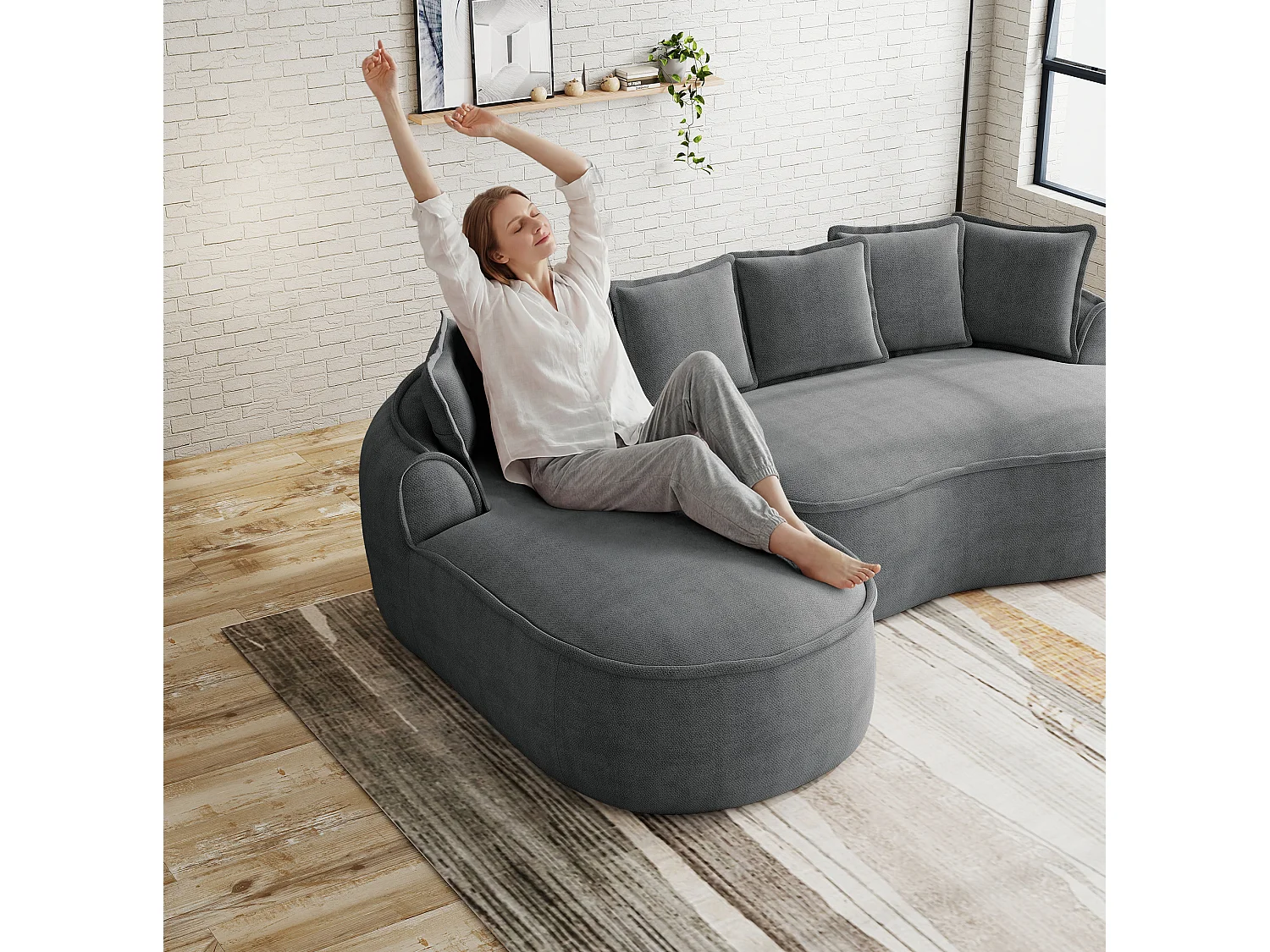 Canapé modulable 4 places avec coussins de dossier, sans montage, en chenille, gris, 320x114x67 cm