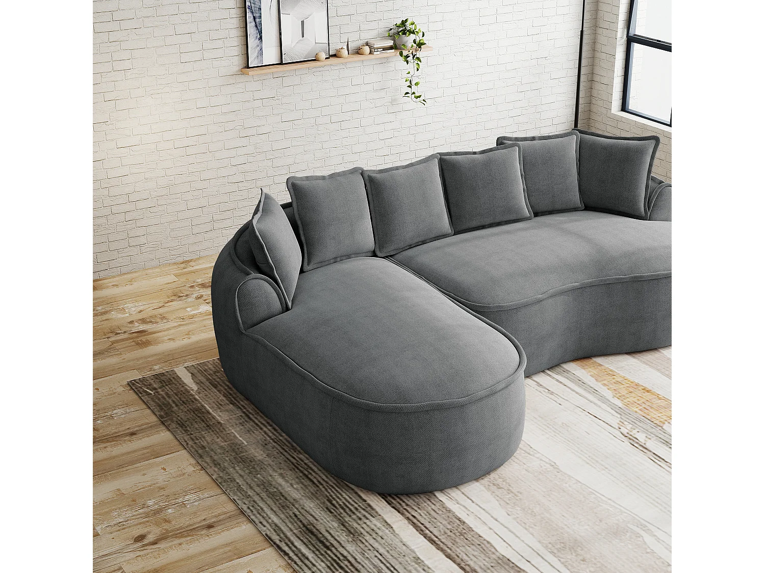 Canapé modulable 4 places avec coussins de dossier, sans montage, en chenille, gris, 320x114x67 cm