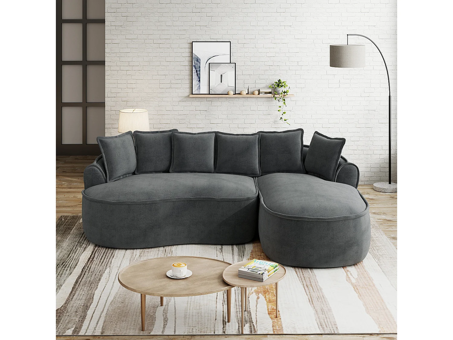 Canapé d'angle 3 places avec coussins de dossier et assise profonde, en chenille, gris, angle à gauche, 252x164x67 cm