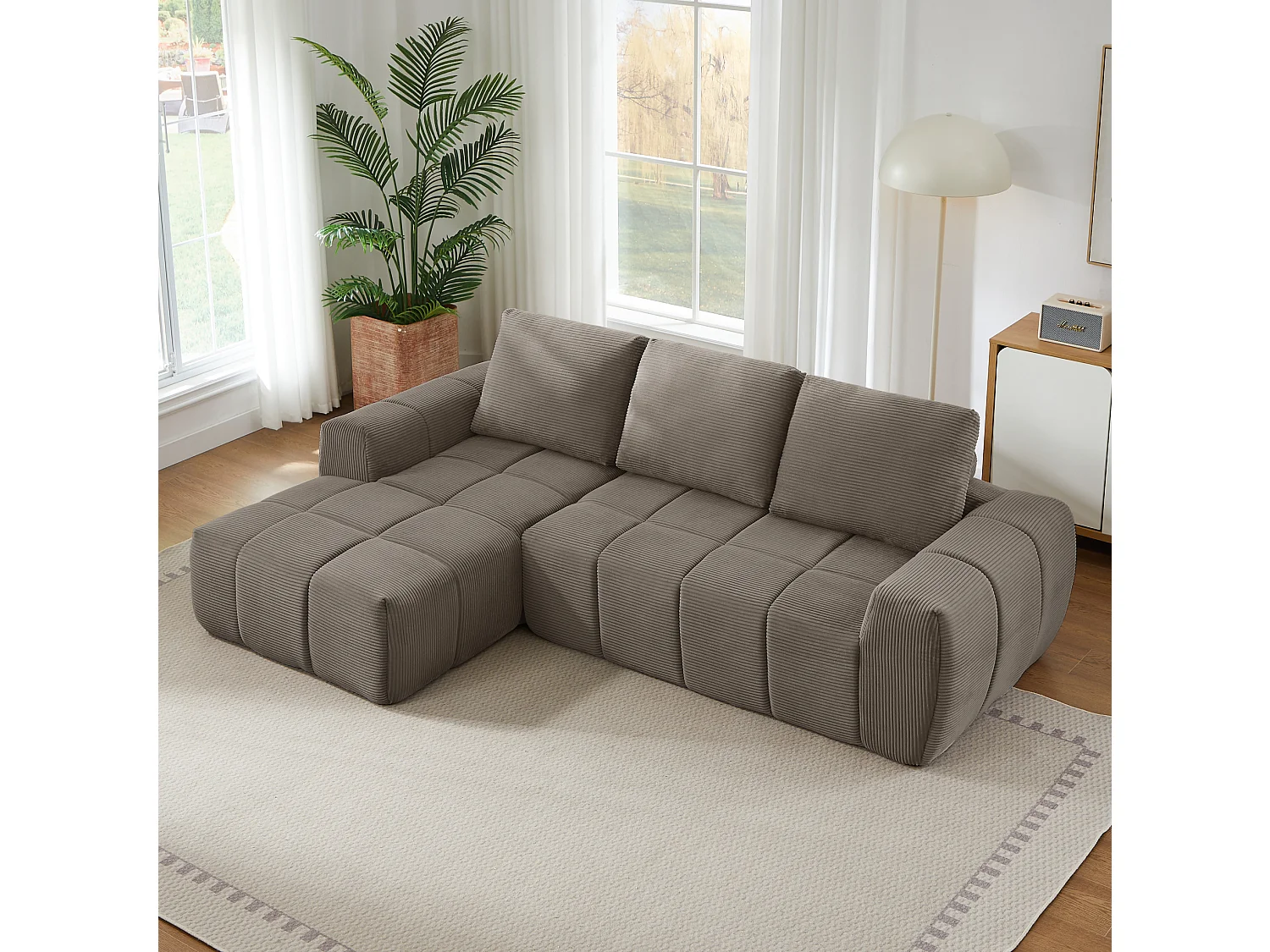 Canapé d'angle 4 places avec coussin d'assise amovible, design segmenté, sans montage, en velours côtelé, taupe