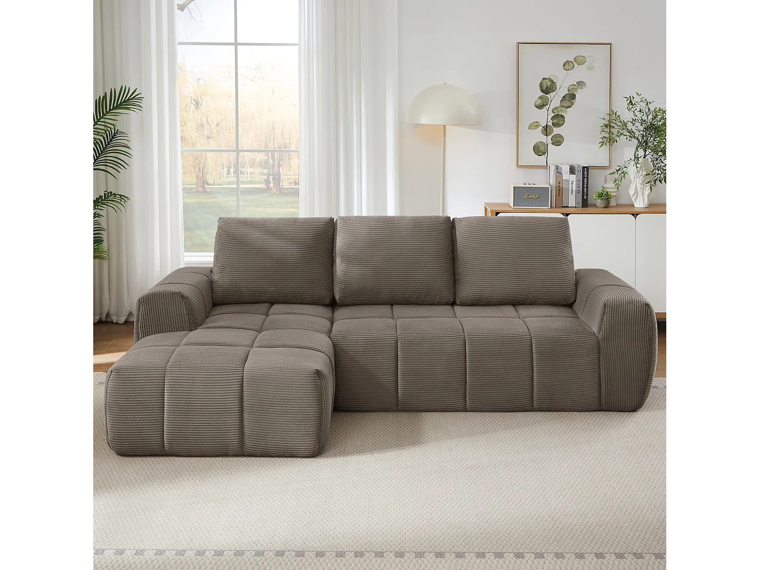 Canapé d'angle 4 places avec coussin d'assise amovible, design segmenté, sans montage, en velours côtelé, taupe