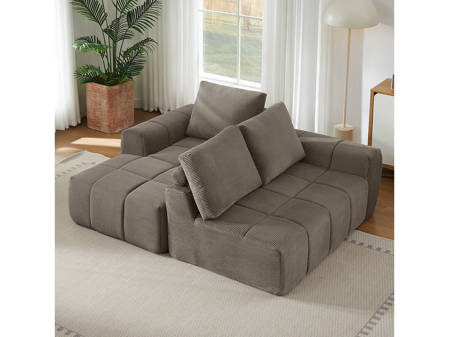 Canapé d'angle 4 places avec coussin d'assise amovible, design segmenté, sans montage, en velours côtelé, taupe