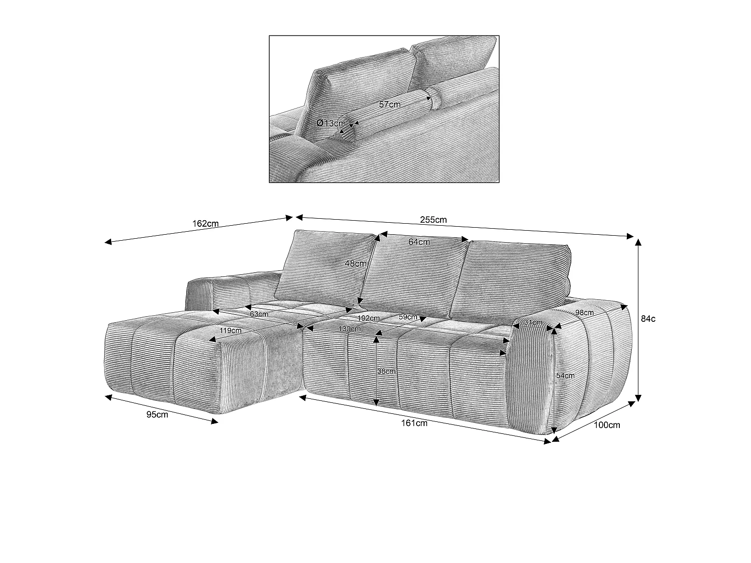 Canapé d'angle 4 places avec coussin d'assise amovible, design segmenté, sans montage, en velours côtelé, taupe