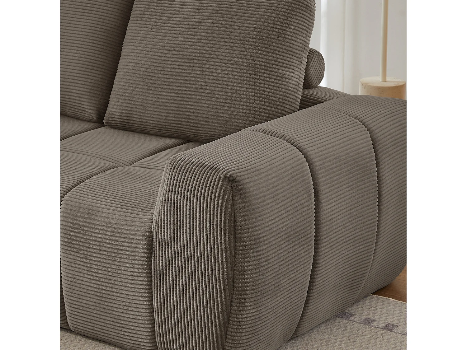 Canapé d'angle 4 places avec coussin d'assise amovible, design segmenté, sans montage, en velours côtelé, taupe