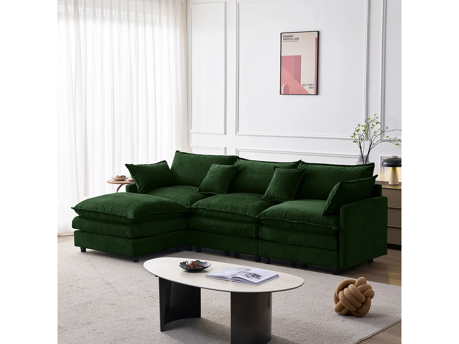 Canapé d'angle 3 places avec pouf, en chenille, vert, 267x154x85 cm
