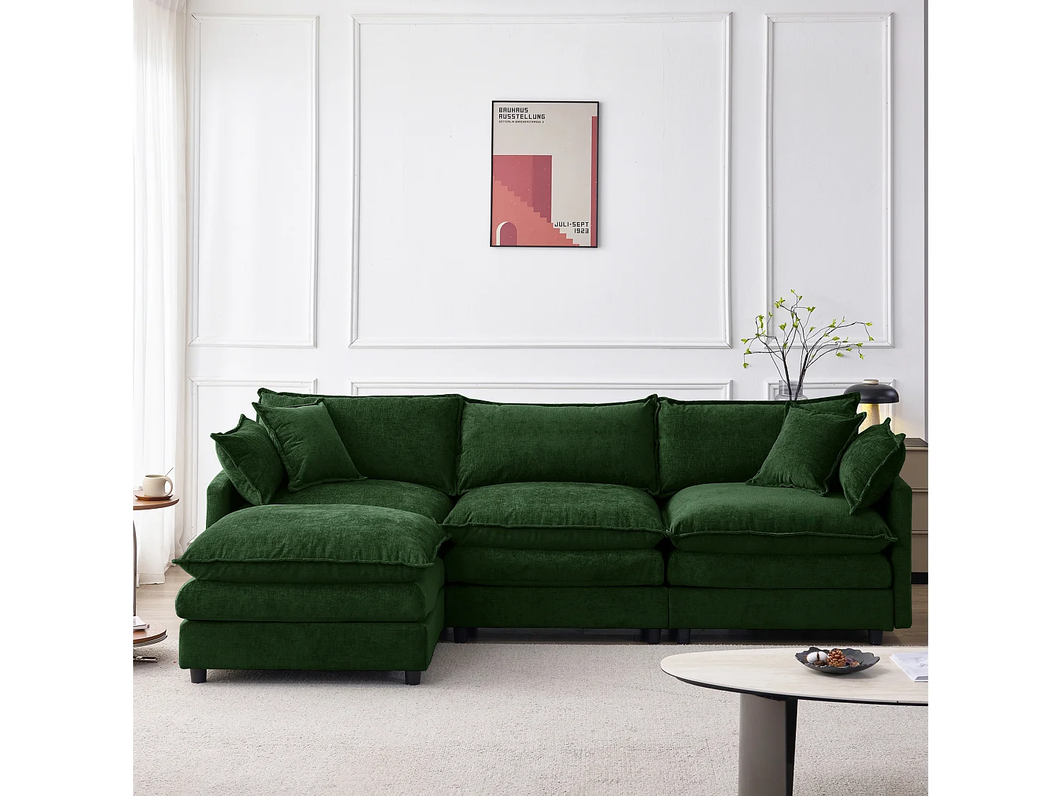 Canapé d'angle 3 places avec pouf, en chenille, vert, 267x154x85 cm