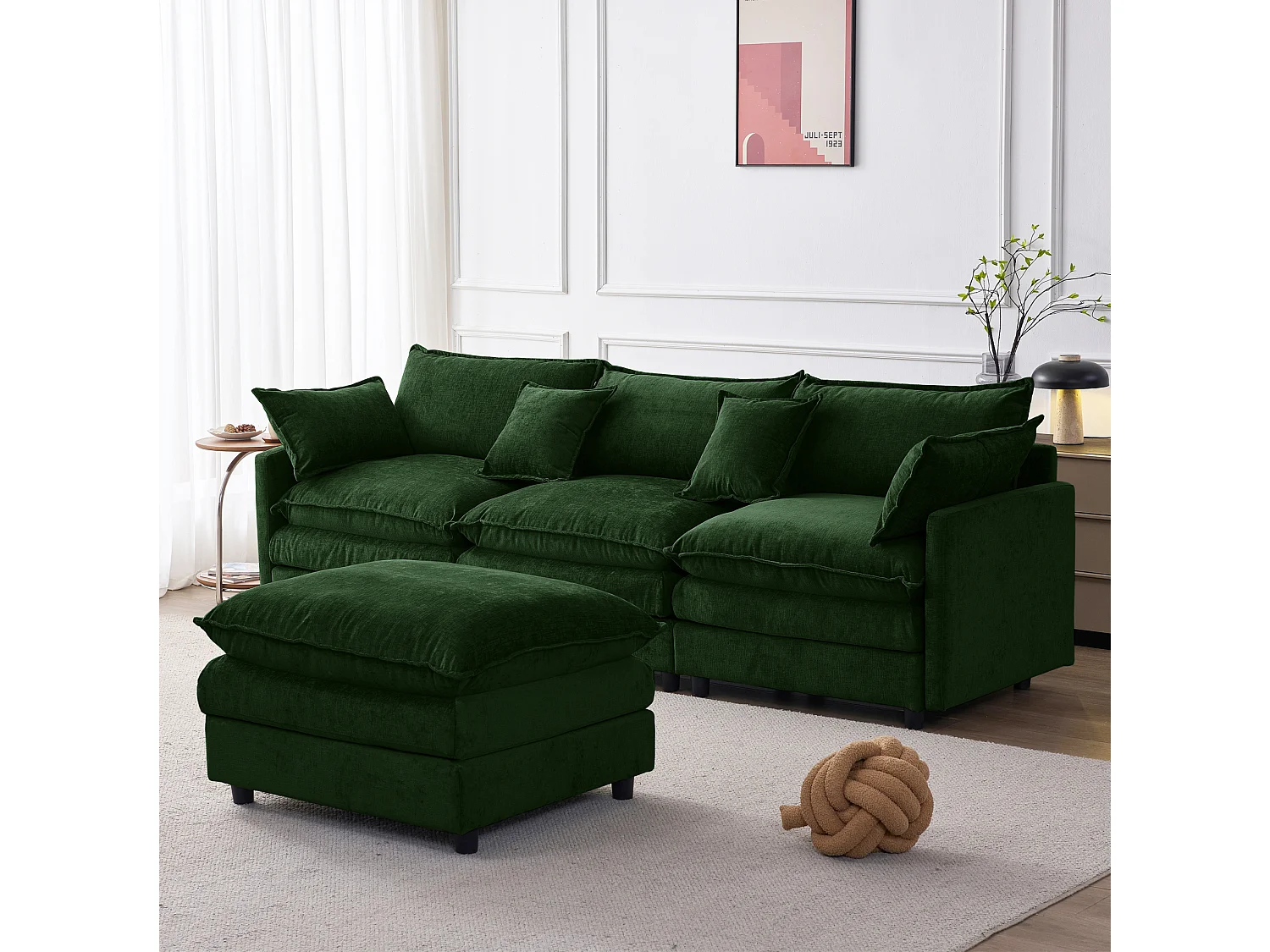 Canapé d'angle 3 places avec pouf, en chenille, vert, 267x154x85 cm