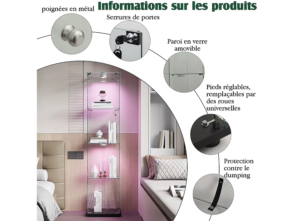 Armoire d'affichage moderne - 4 couches 1 porte - avec éclairage - Verre trempé - Pat Light - Noir