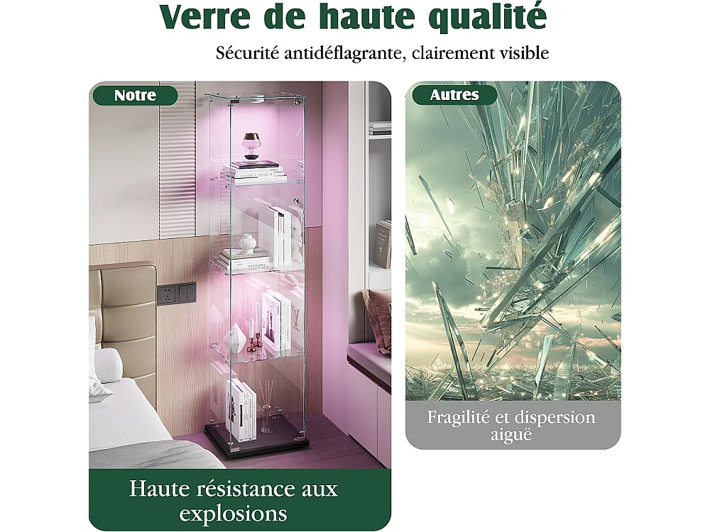 Armoire d'affichage moderne - 4 couches 1 porte - avec éclairage - Verre trempé - Pat Light - Noir