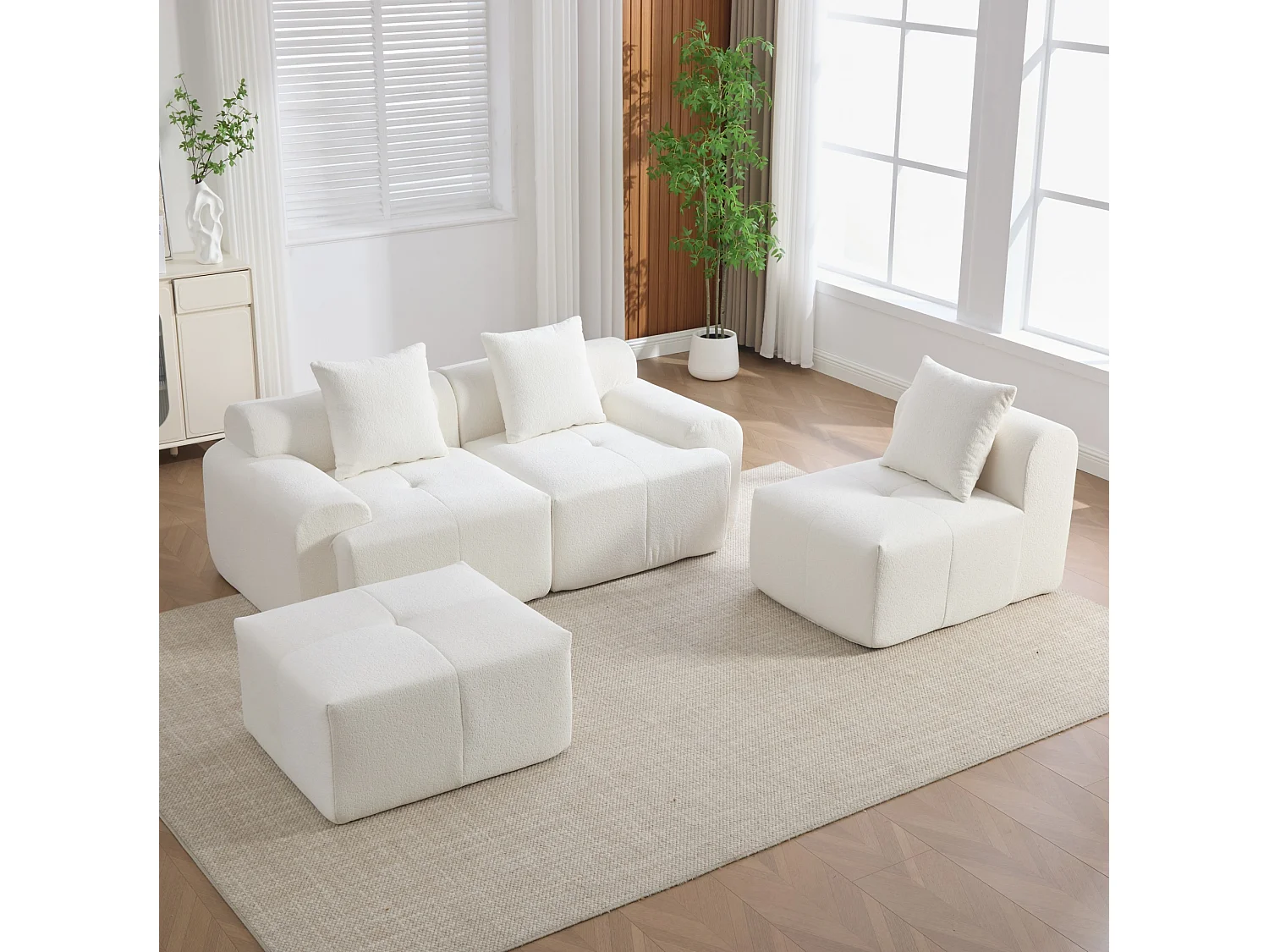 Canapé d'angle modulable 3 places avec pouf, en tissu, beige