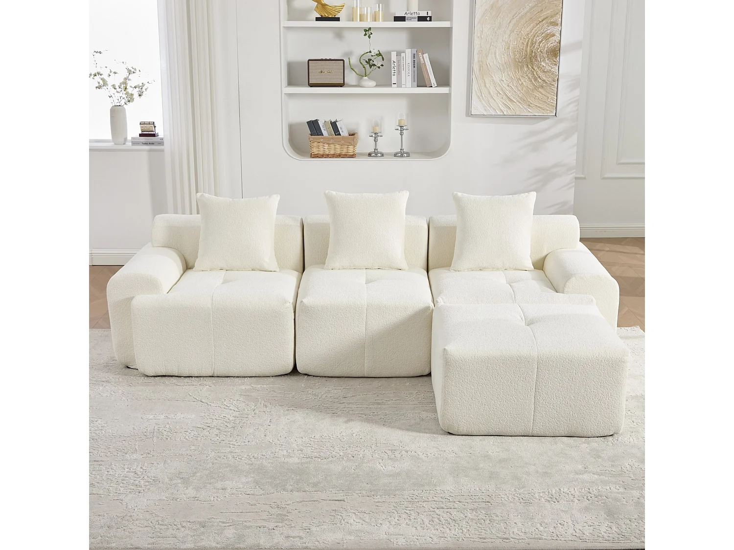 Canapé d'angle modulable 3 places avec pouf, en tissu, beige