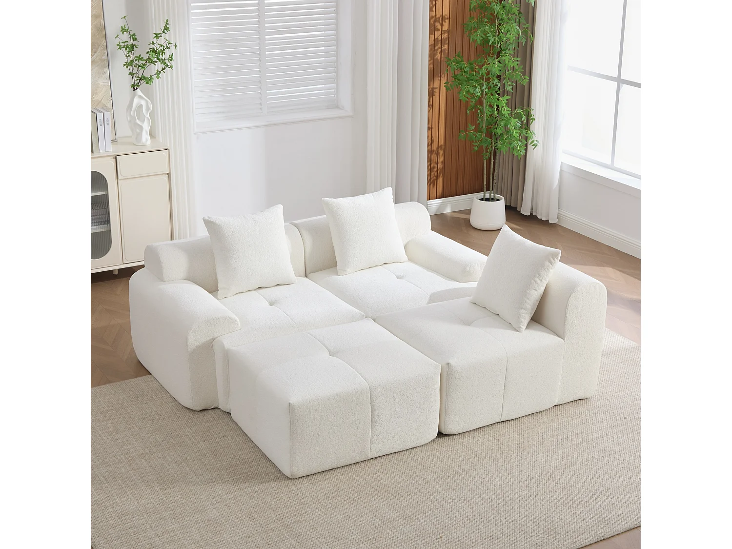 Canapé d'angle modulable 3 places avec pouf, en tissu, beige