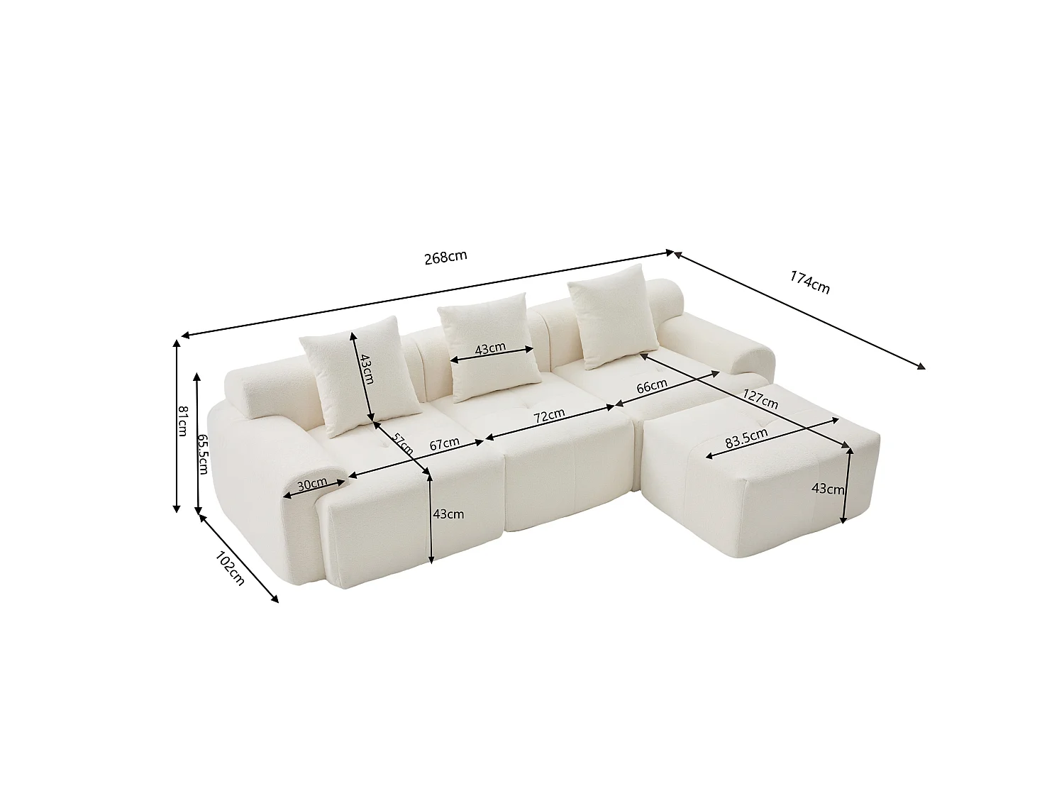 Canapé d'angle modulable 3 places avec pouf, en tissu, beige