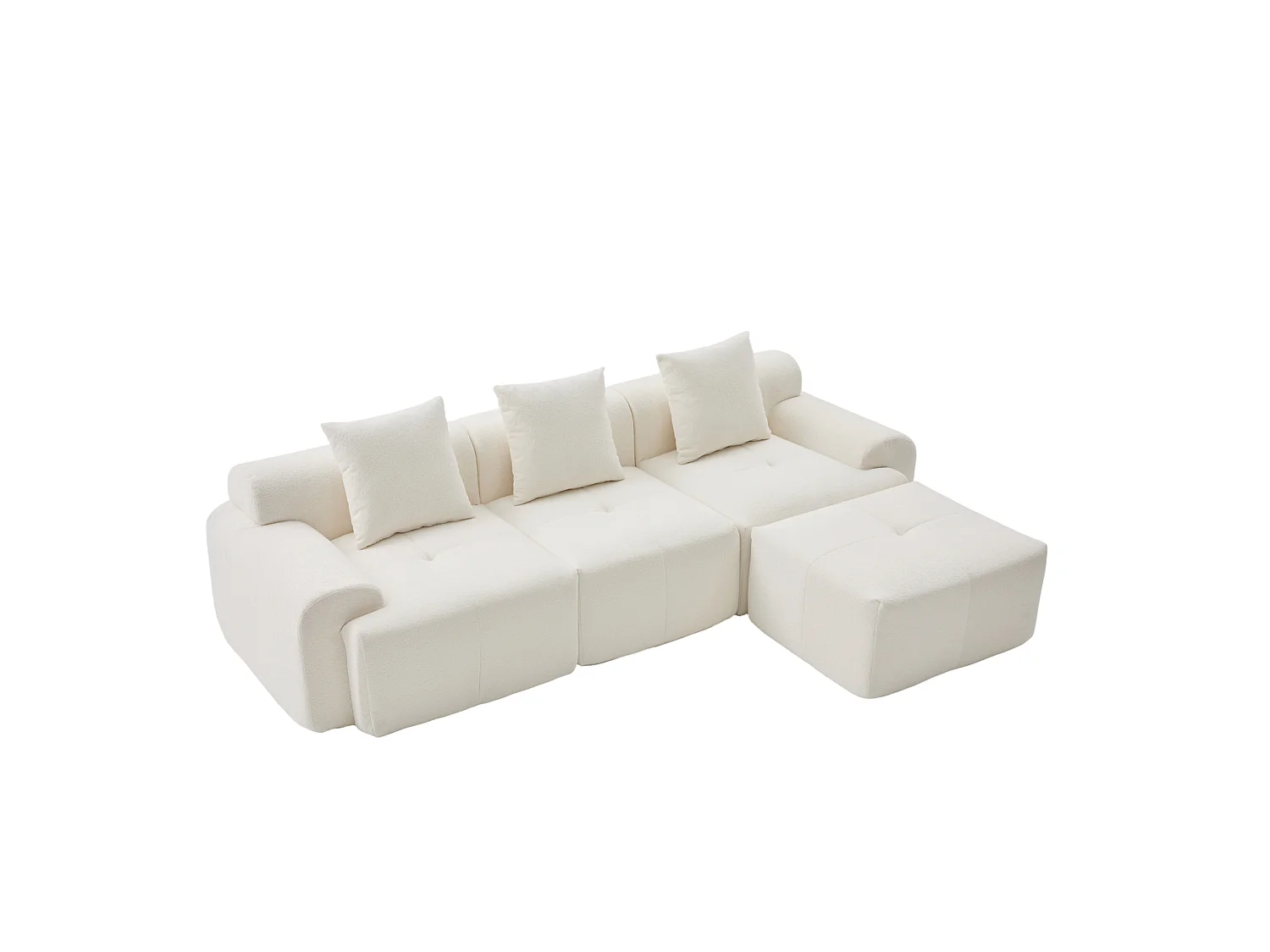 Canapé d'angle modulable 3 places avec pouf, en tissu, beige