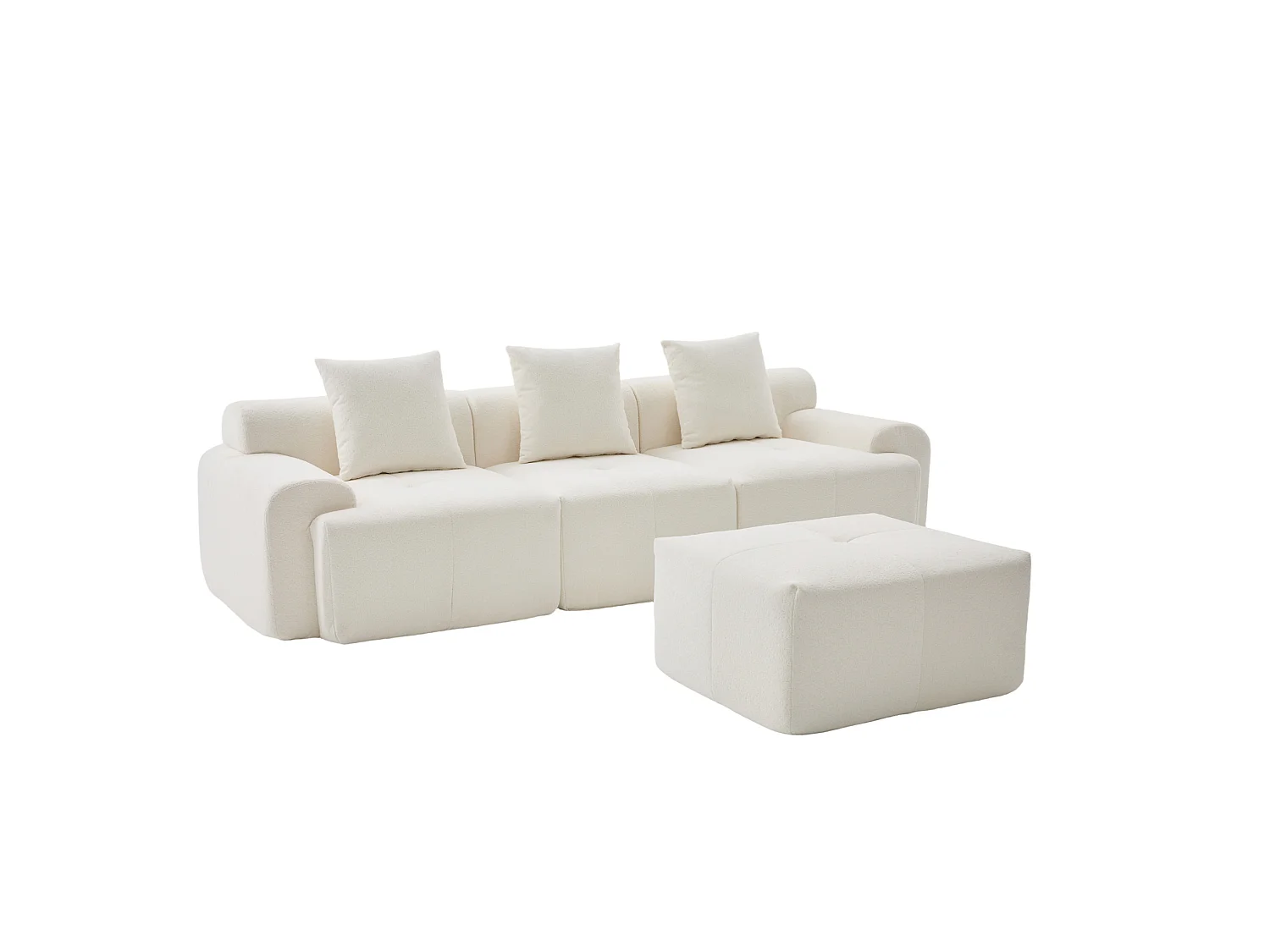 Canapé d'angle modulable 3 places avec pouf, en tissu, beige