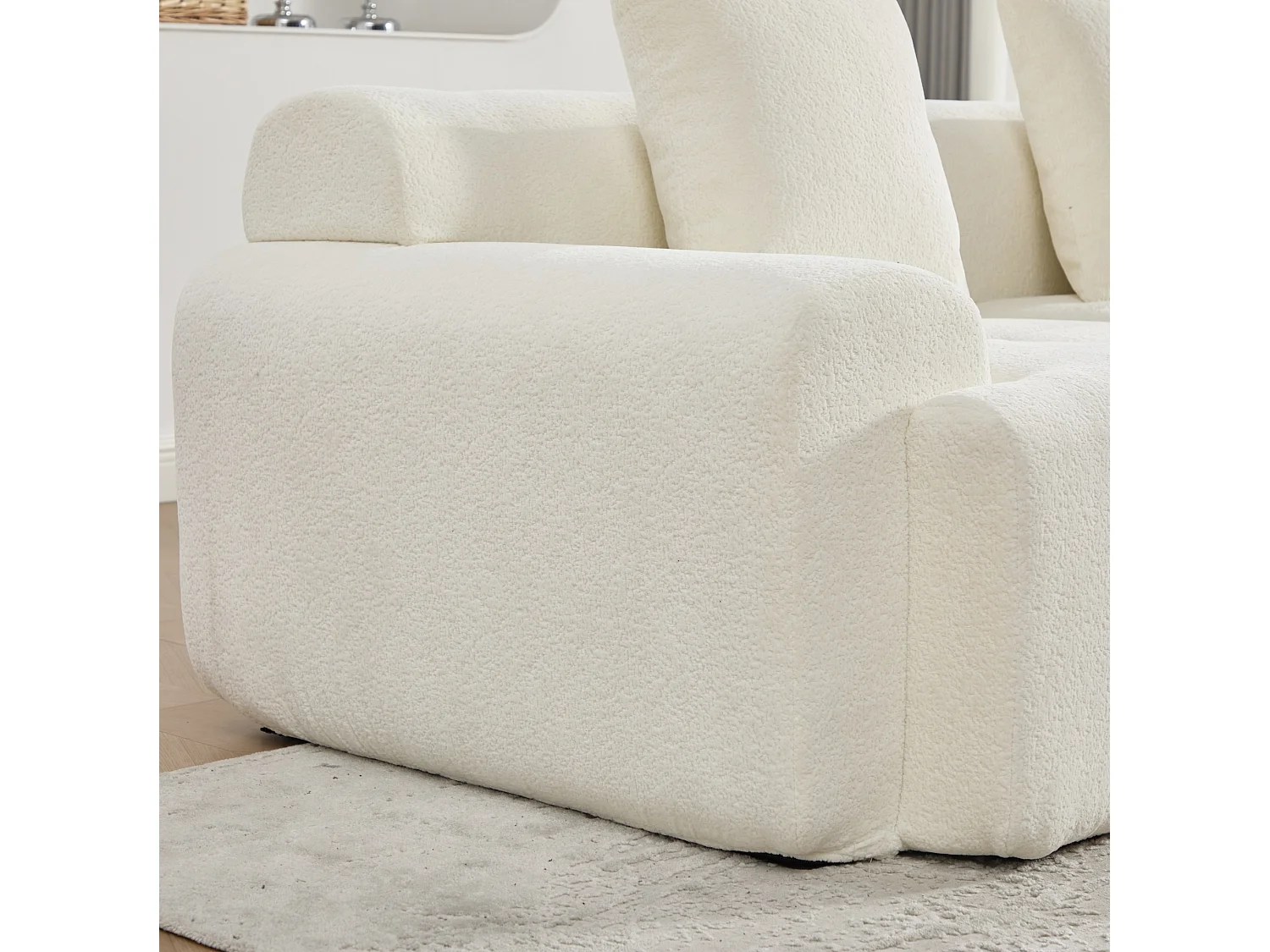 Canapé d'angle modulable 3 places avec pouf, en tissu, beige