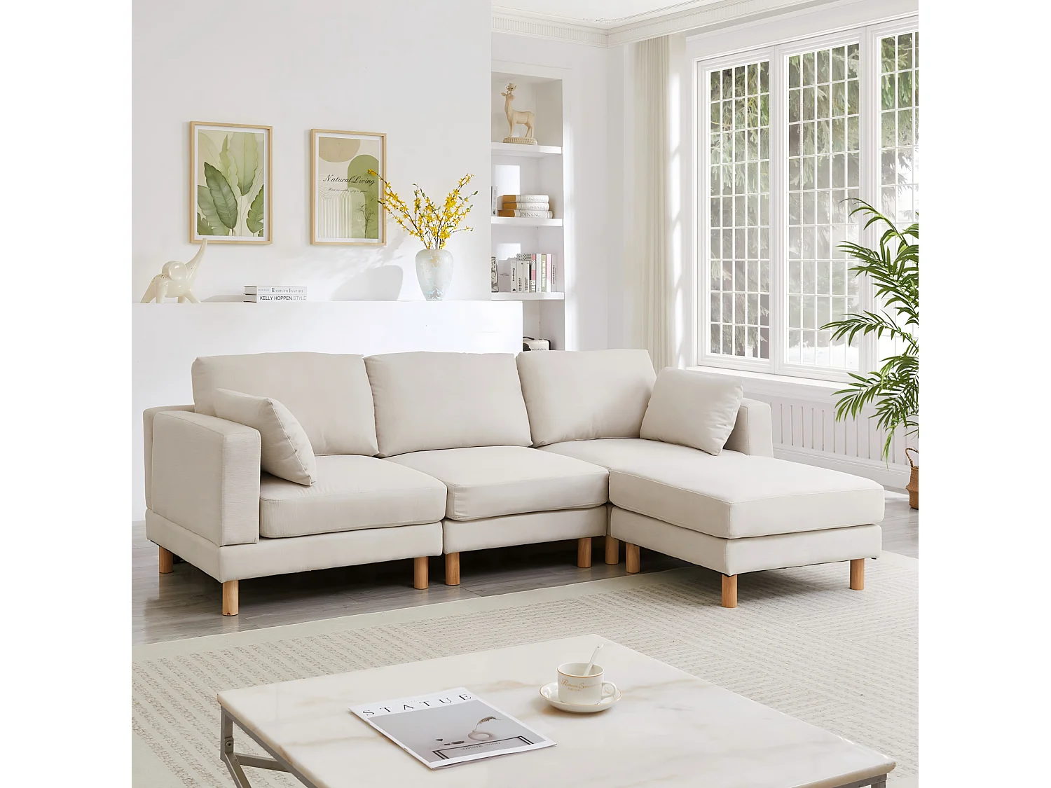 Sofá rinconero de tela de 3 plazas con otomana y patas de madera maciza, beige, 253x152x78 cm