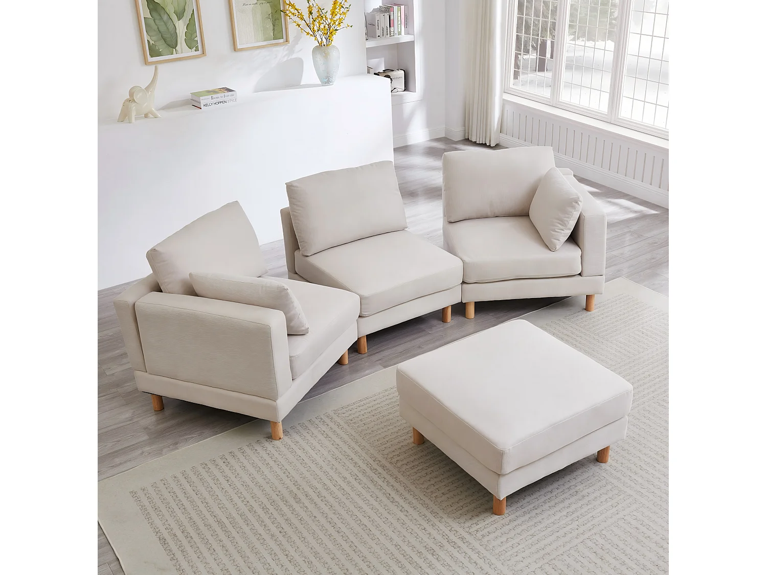 Sofá rinconero de tela de 3 plazas con otomana y patas de madera maciza, beige, 253x152x78 cm