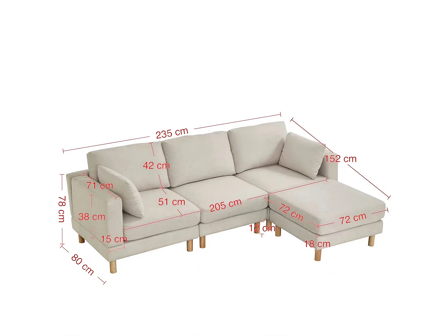 Sofá rinconero de tela de 3 plazas con otomana y patas de madera maciza, beige, 253x152x78 cm