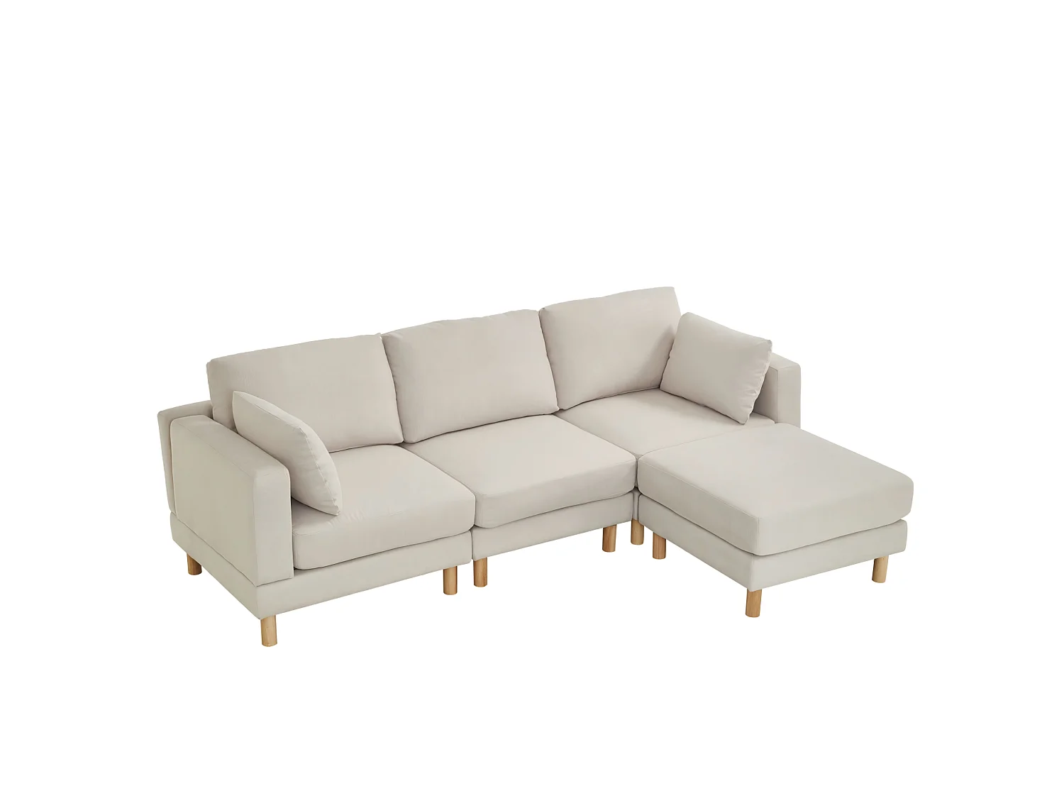 Sofá rinconero de tela de 3 plazas con otomana y patas de madera maciza, beige, 253x152x78 cm