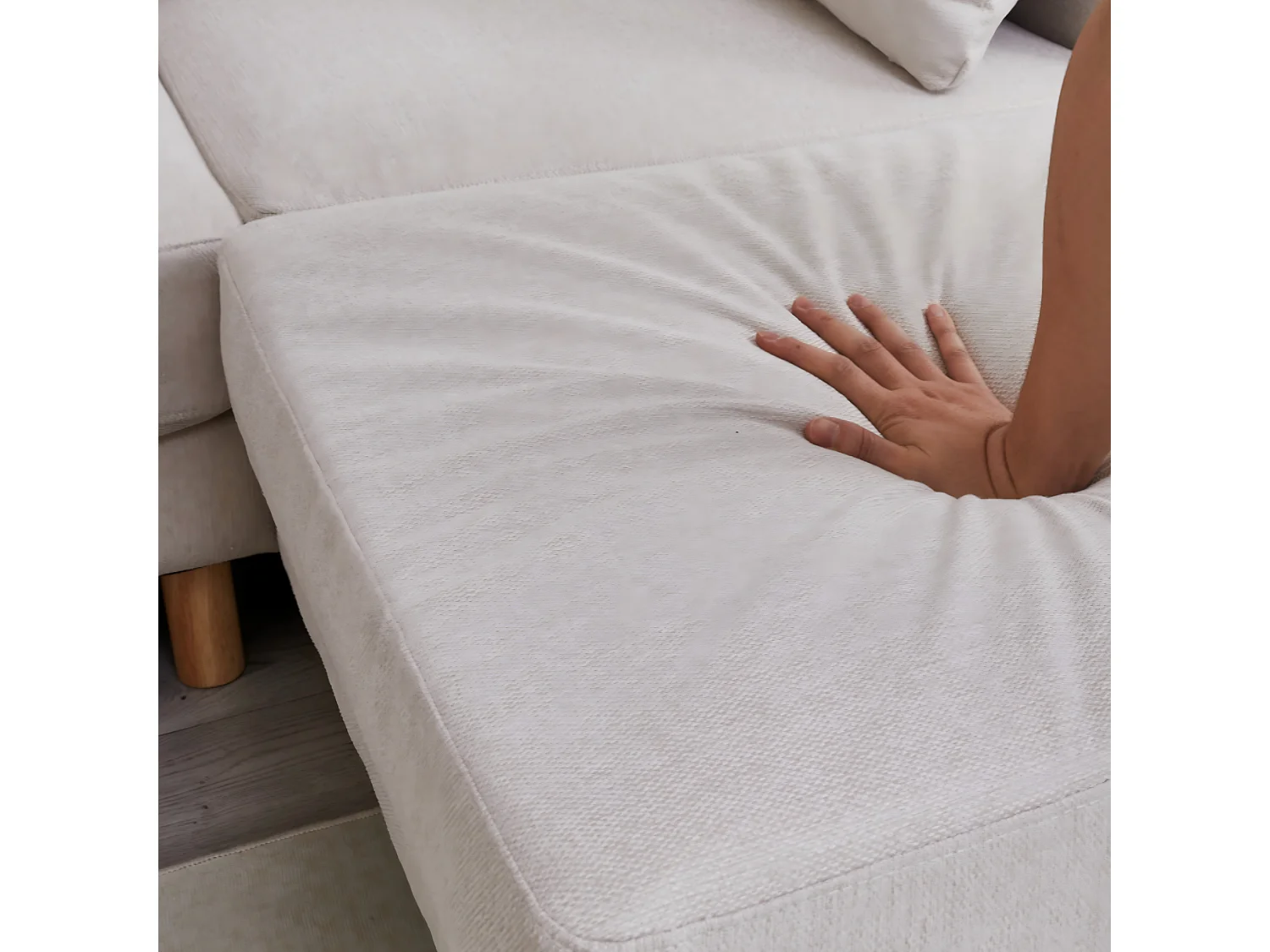 Sofá rinconero de tela de 3 plazas con otomana y patas de madera maciza, beige, 253x152x78 cm