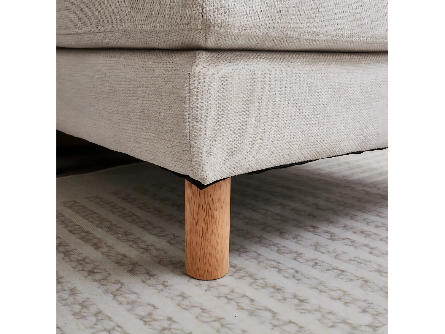 Sofá rinconero de tela de 3 plazas con otomana y patas de madera maciza, beige, 253x152x78 cm
