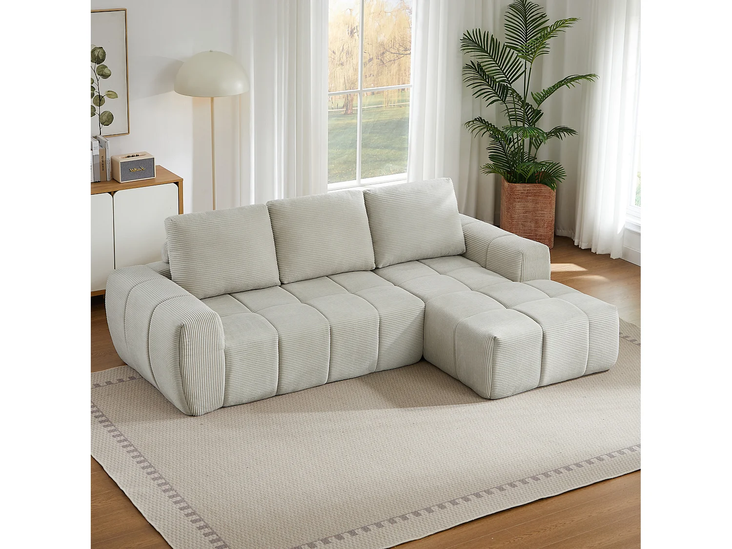 Canapé d'angle 4 places avec coussin d'assise amovible, design segmenté, sans montage, en velours côtelé, beige