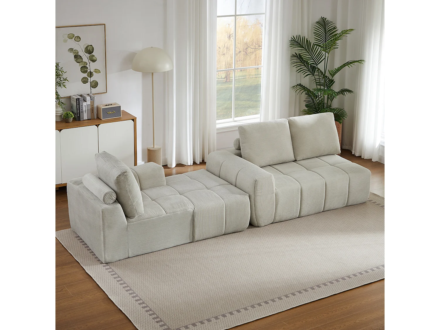 Canapé d'angle 4 places avec coussin d'assise amovible, design segmenté, sans montage, en velours côtelé, beige
