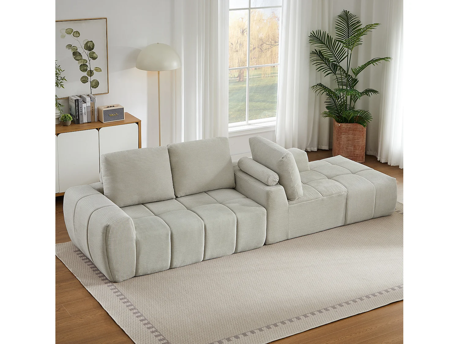 Canapé d'angle 4 places avec coussin d'assise amovible, design segmenté, sans montage, en velours côtelé, beige