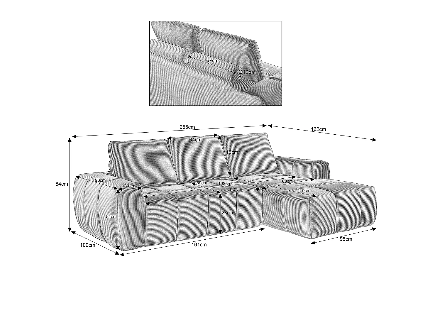 Canapé d'angle 4 places avec coussin d'assise amovible, design segmenté, sans montage, en velours côtelé, beige