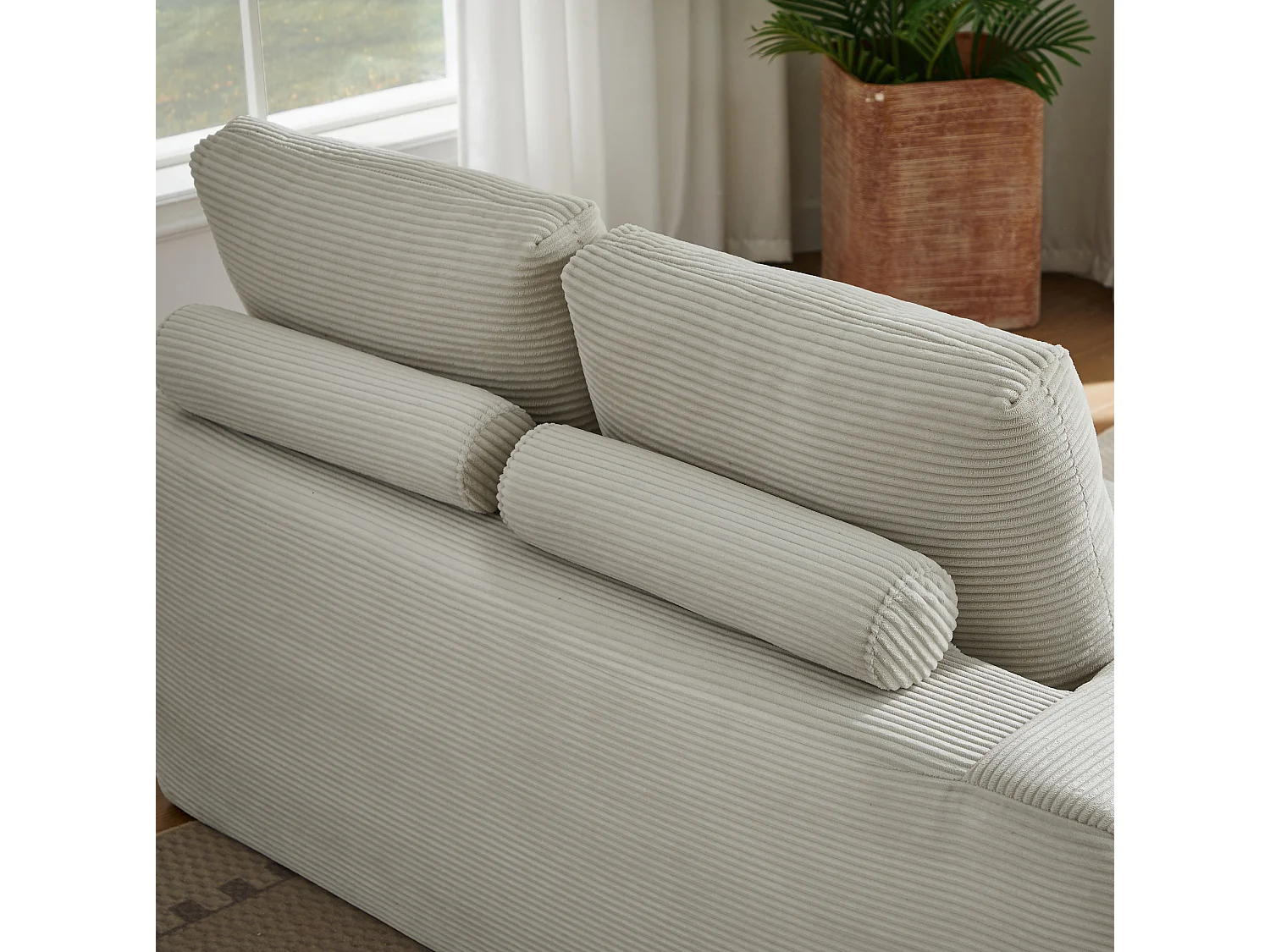 Canapé d'angle 4 places avec coussin d'assise amovible, design segmenté, sans montage, en velours côtelé, beige