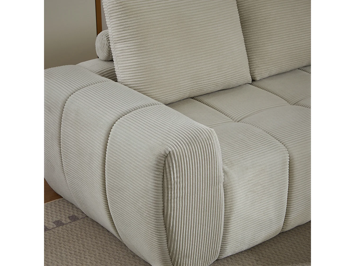 Canapé d'angle 4 places avec coussin d'assise amovible, design segmenté, sans montage, en velours côtelé, beige