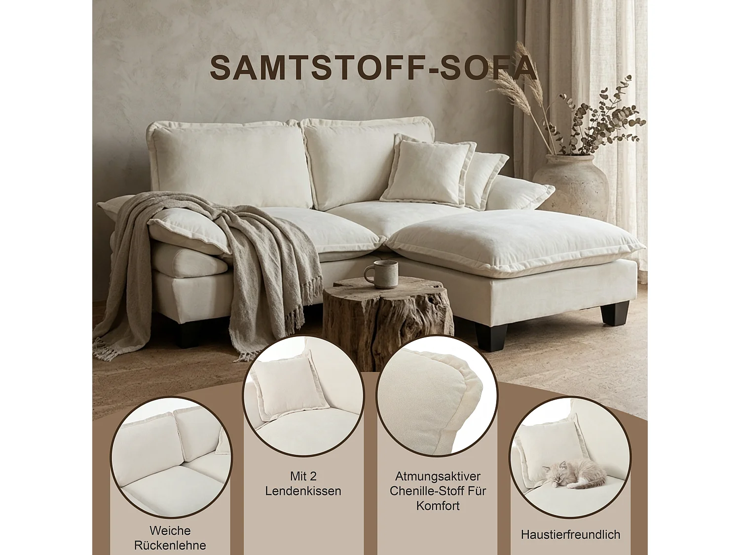 2-zits modulaire bank met gebogen armleuningen, chenille, beige