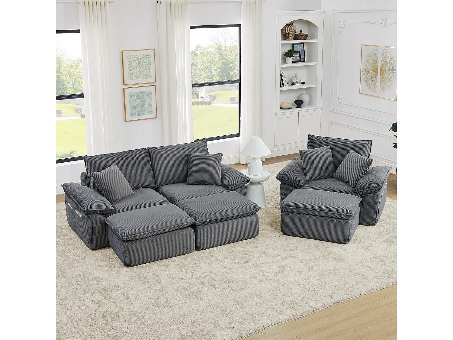 Canapé modulable 3 places avec repose-pieds et poches de rangement, en tissu, gris clair