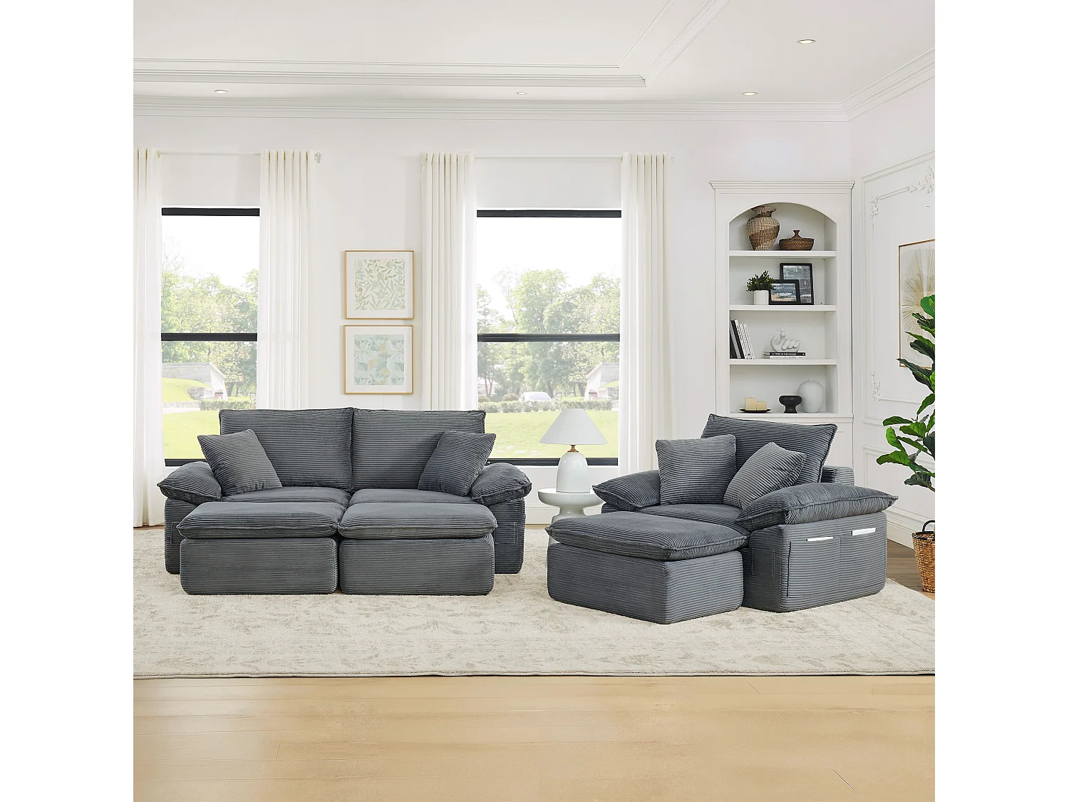 Canapé modulable 3 places avec repose-pieds et poches de rangement, en tissu, gris clair