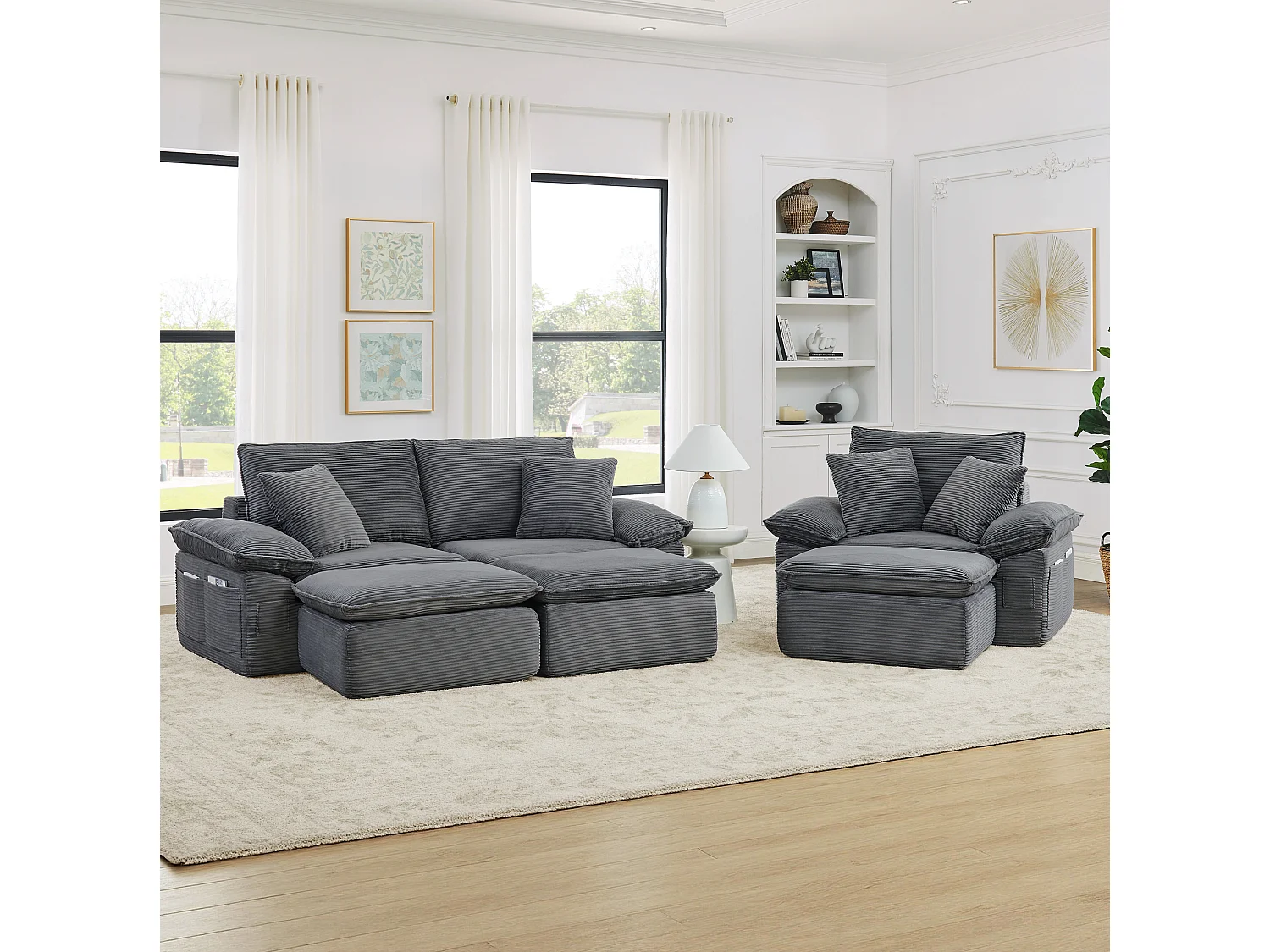 Canapé modulable 3 places avec repose-pieds et poches de rangement, en tissu, gris clair