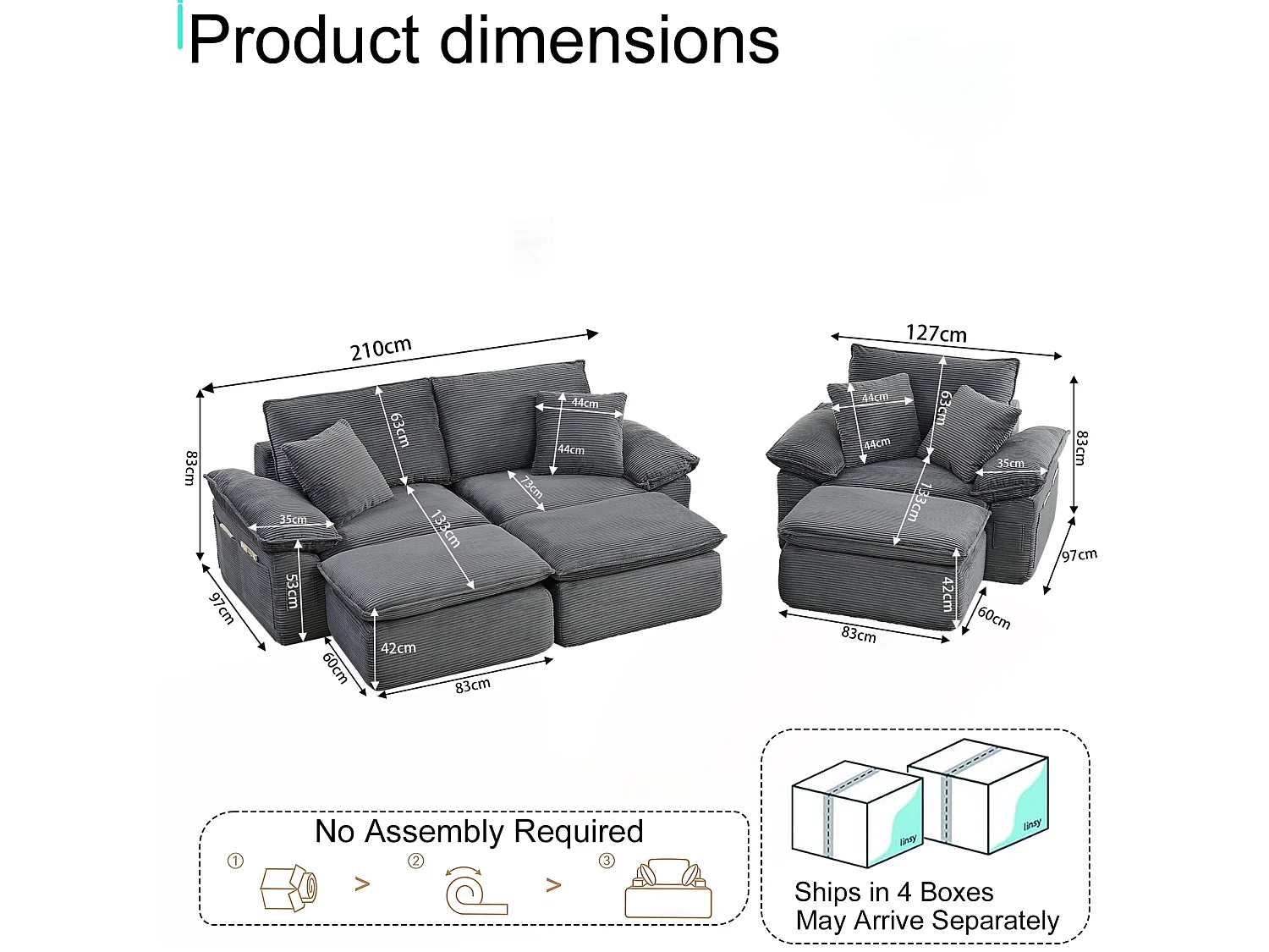 Canapé modulable 3 places avec repose-pieds et poches de rangement, en tissu, gris clair