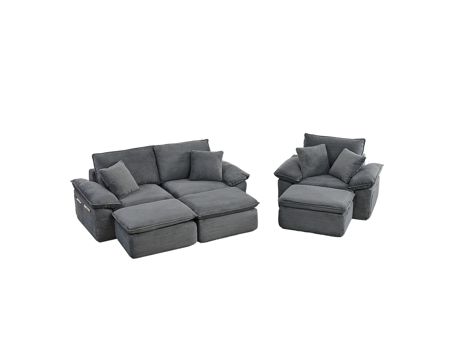 Canapé modulable 3 places avec repose-pieds et poches de rangement, en tissu, gris clair