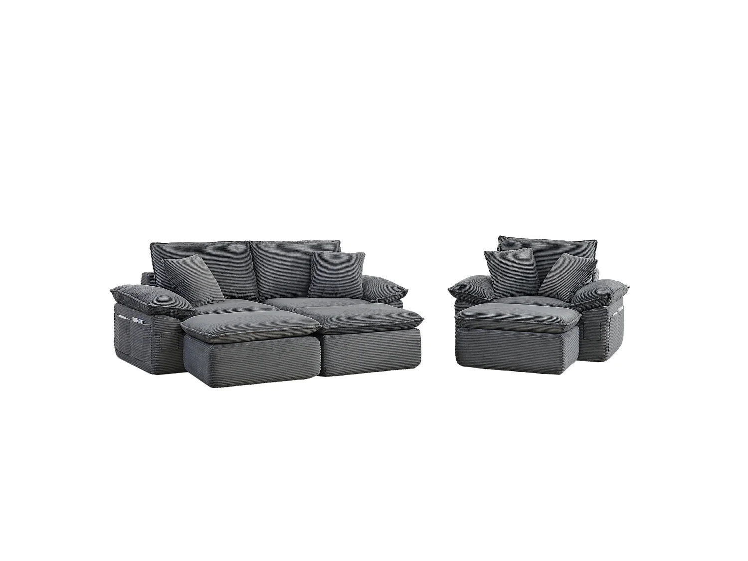 Canapé modulable 3 places avec repose-pieds et poches de rangement, en tissu, gris clair
