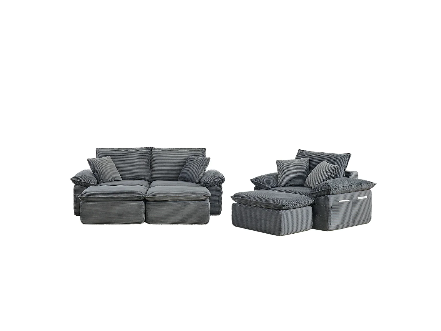 Canapé modulable 3 places avec repose-pieds et poches de rangement, en tissu, gris clair