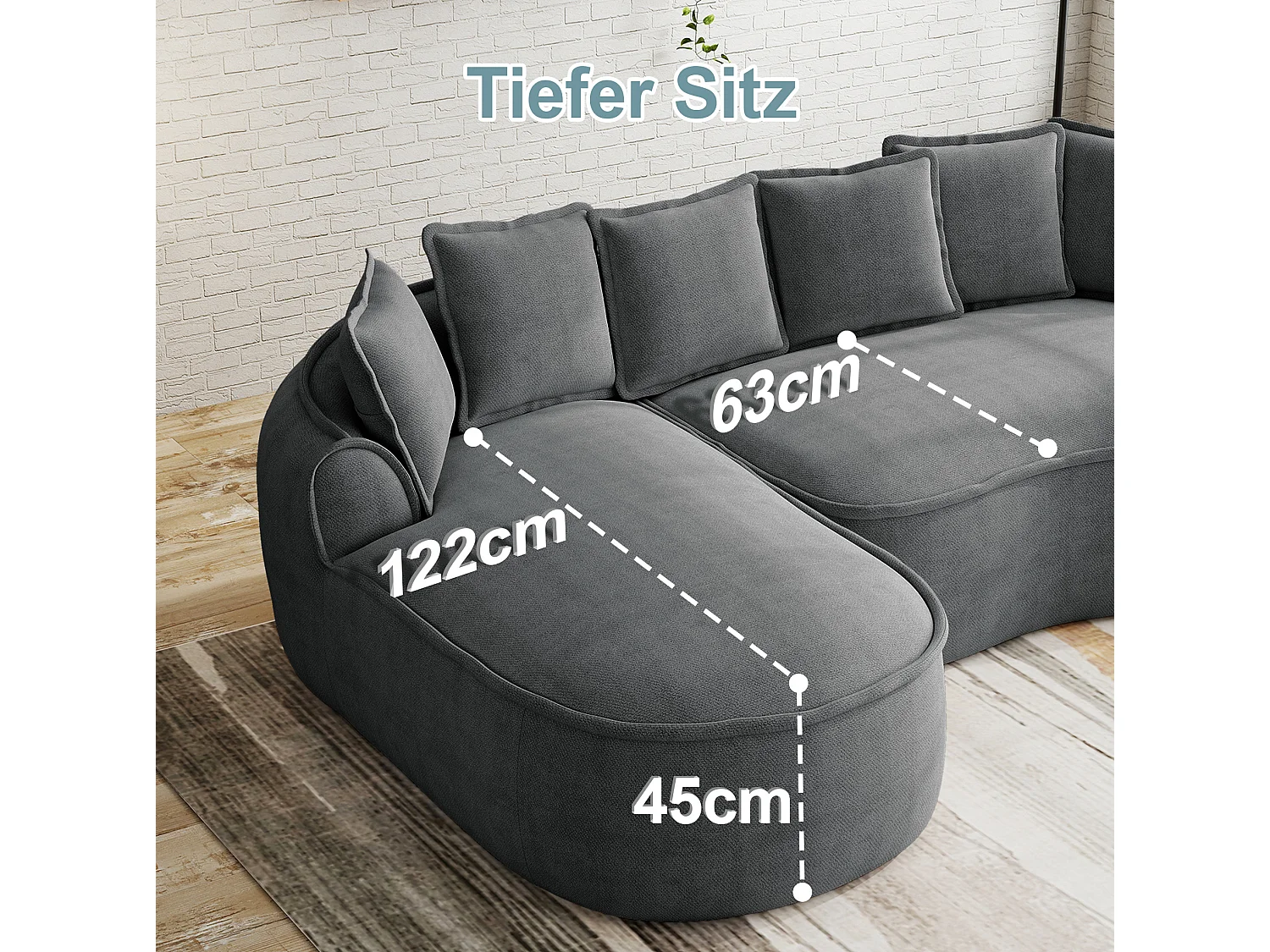 Canapé d'angle 3 places avec coussins de dossier et assise profonde, en chenille, gris, angle à droite, 252x164x67 cm