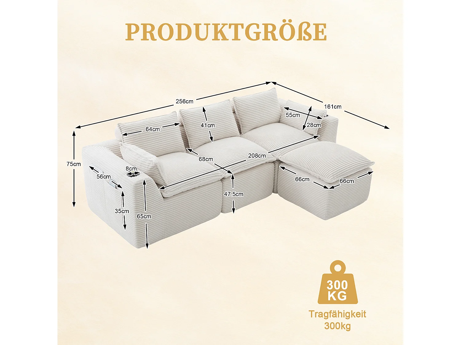 Hoekbank 3-zits met poef, bekerhouder en zijvakken, ribfluweel, beige