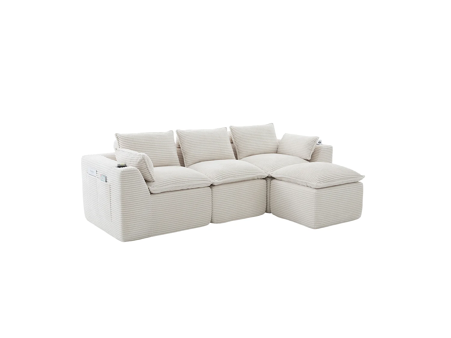 Hoekbank 3-zits met poef, bekerhouder en zijvakken, ribfluweel, beige