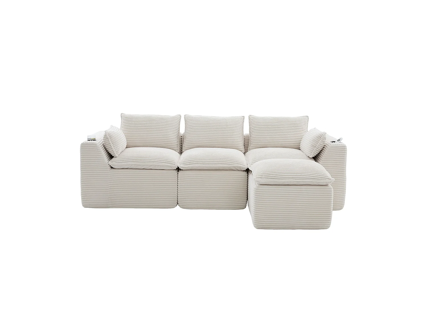 Hoekbank 3-zits met poef, bekerhouder en zijvakken, ribfluweel, beige